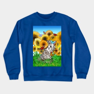 Cute cartoon cat and butterflies in a sunflower field Crewneck Sweatshirt